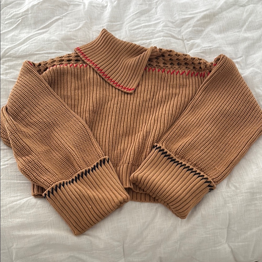 STAUD Tan Ribbed Cowl Neck Sweater